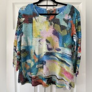 Jess & Jane Abstract Art Top Mesh Textured USA Made Size M Colorful Tunic